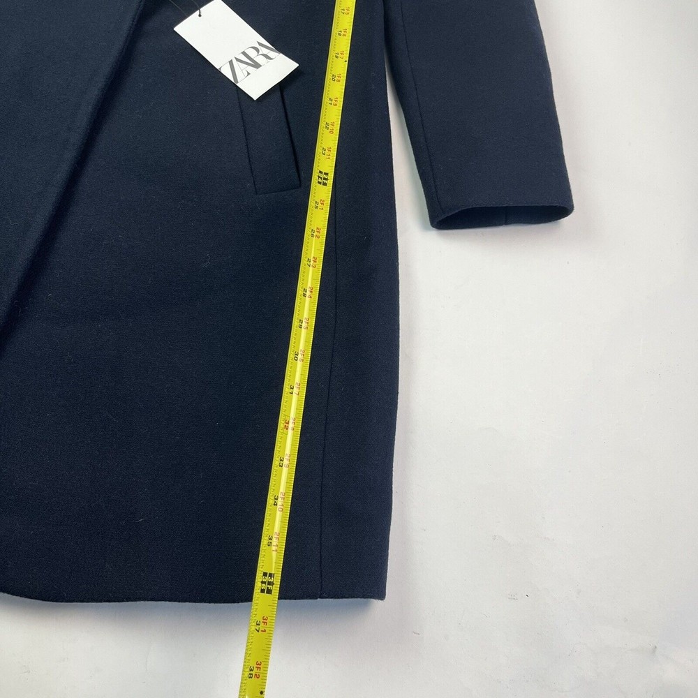 Zara Coat Wool Blend Long Dark Navy Blue One Gold Button Lined Womens L 8367/734 - Picture 7 of 12
